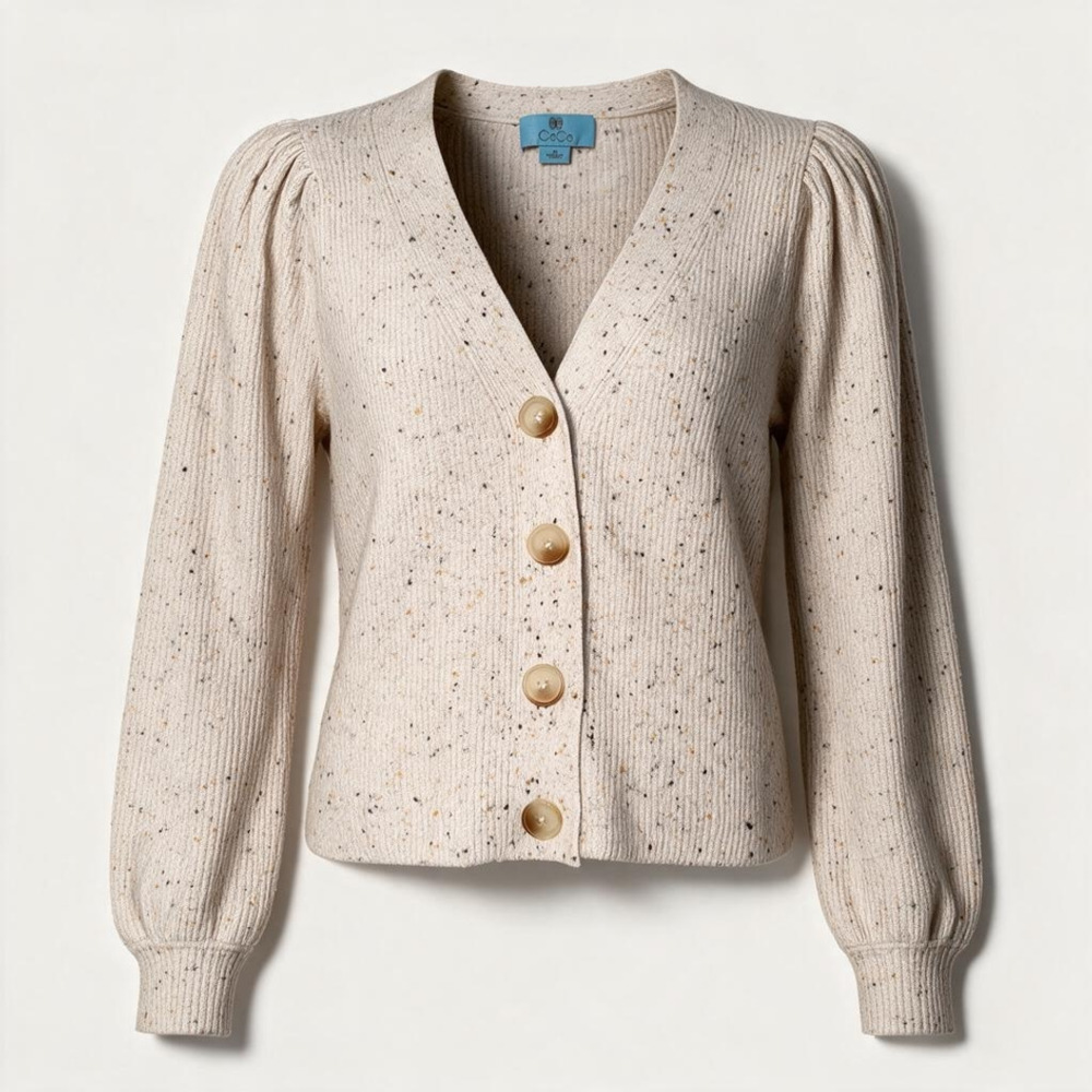 CeCe Speckled Knit Cardigan Women’s M Cream Puff Sleeve Button Front Sweater